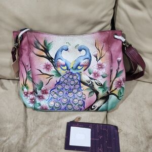 NWT Anuschka Pink Peacock Handpainted Leather Bag